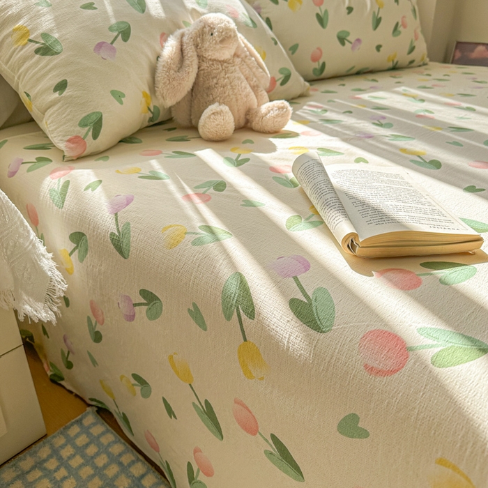 91家纺网 家纺一手货源 找家纺 花伞家居 2025新款印花双层纱单床单床笠（提供买家秀） 彩色郁金香