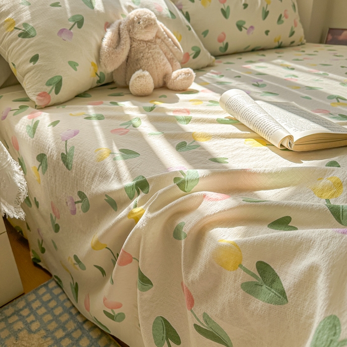 91家纺网 家纺一手货源 找家纺 花伞家居 2025新款印花双层纱单床单床笠（提供买家秀） 彩色郁金香