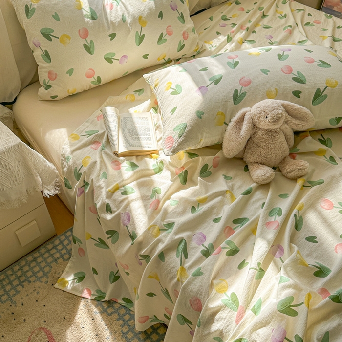 91家纺网 家纺一手货源 找家纺 花伞家居 2025新款印花双层纱单床单床笠（提供买家秀） 彩色郁金香