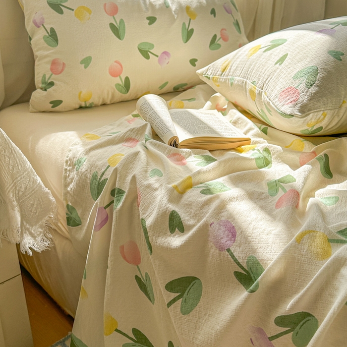 91家纺网 家纺一手货源 找家纺 花伞家居 2025新款印花双层纱单床单床笠（提供买家秀） 彩色郁金香