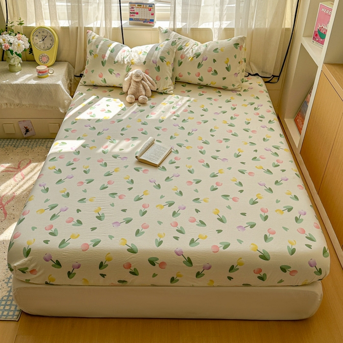 91家纺网 家纺一手货源 找家纺 花伞家居 2025新款印花双层纱单床单床笠（提供买家秀） 彩色郁金香