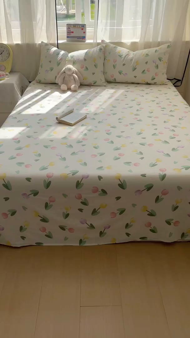 91家纺网 家纺一手货源 找家纺 花伞家居 2025新款印花双层纱单床单床笠（提供买家秀） 彩色郁金香