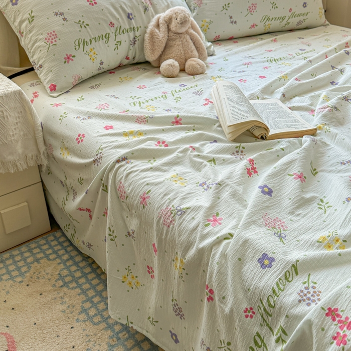 91家纺网 家纺一手货源 找家纺 花伞家居 2025新款印花双层纱单床单床笠（提供买家秀） 春沐