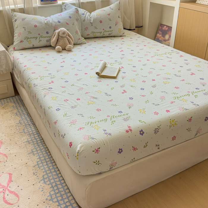 91家纺网 家纺一手货源 找家纺 花伞家居 2025新款印花双层纱单床单床笠（提供买家秀） 春沐