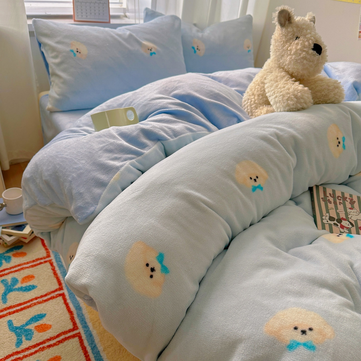 繁花家居 2025新款小清新180克跑量款牛奶绒三件套四件套 小奶狗蓝