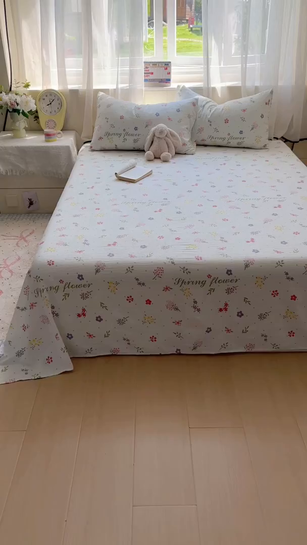 91家纺网 家纺一手货源 找家纺 花伞家居 2025新款印花双层纱单床单床笠（提供买家秀） 春沐