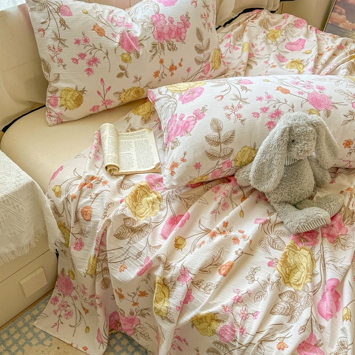 91家纺网 家纺一手货源 找家纺 花伞家居 2025新款印花双层纱单床单床笠（提供买家秀） 繁花