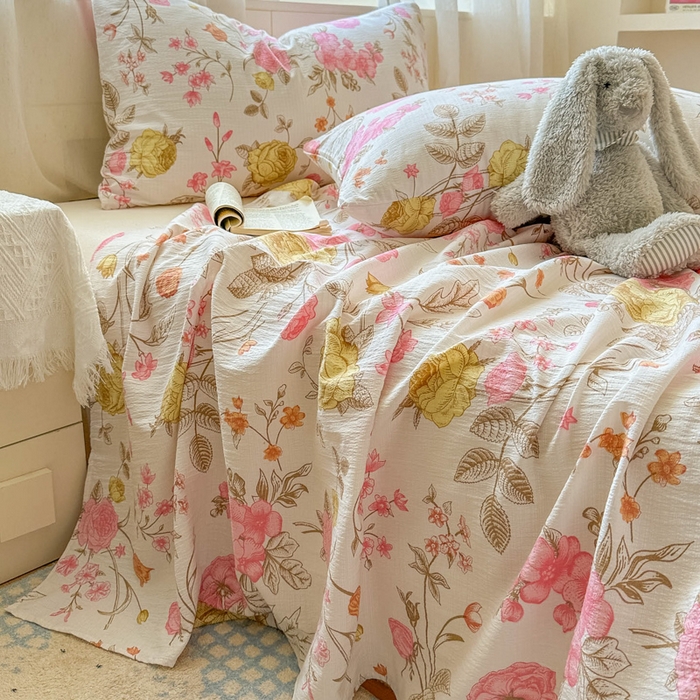 91家纺网 家纺一手货源 找家纺 花伞家居 2025新款印花双层纱单床单床笠（提供买家秀） 繁花