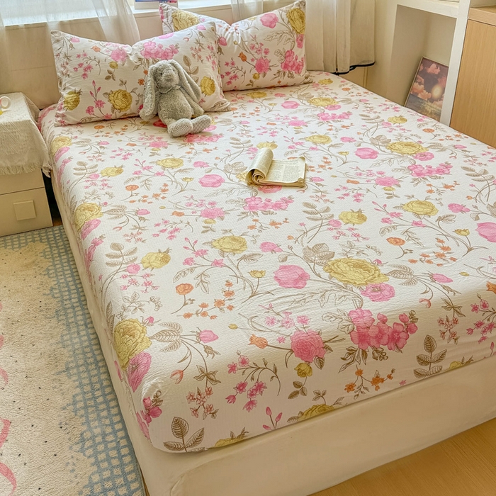 91家纺网 家纺一手货源 找家纺 花伞家居 2025新款印花双层纱单床单床笠（提供买家秀） 繁花