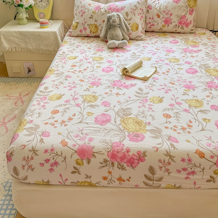 91家纺网 家纺一手货源 找家纺 花伞家居 2025新款印花双层纱单床单床笠（提供买家秀） 繁花