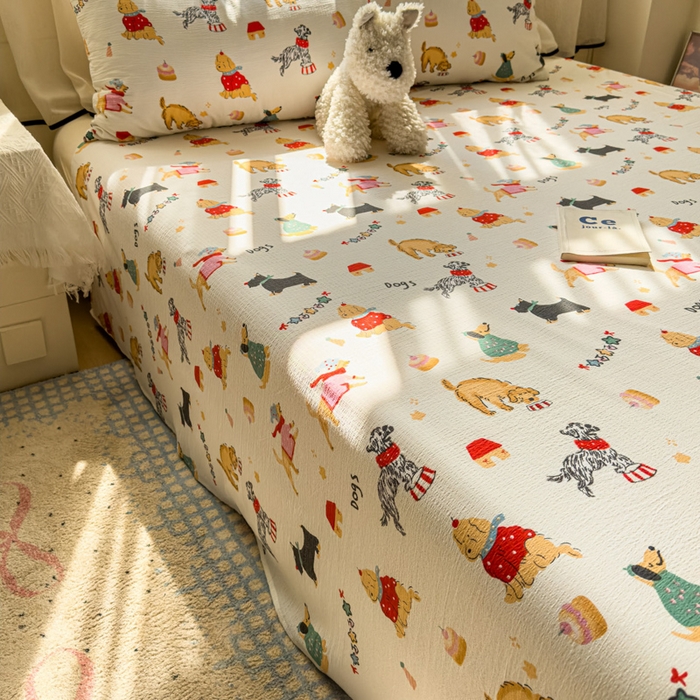 91家纺网 家纺一手货源 找家纺 花伞家居 2025新款印花双层纱单床单床笠（提供买家秀） 狗狗的家