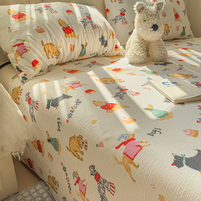 91家纺网 家纺一手货源 找家纺 花伞家居 2025新款印花双层纱单床单床笠（提供买家秀） 狗狗的家