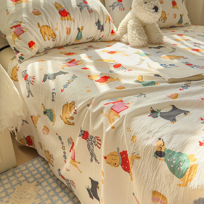 91家纺网 家纺一手货源 找家纺 花伞家居 2025新款印花双层纱单床单床笠（提供买家秀） 狗狗的家