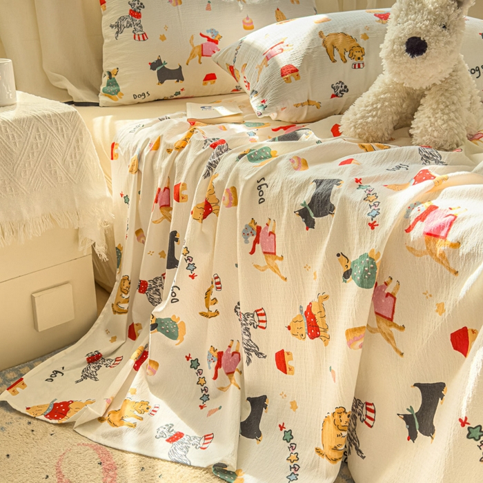 91家纺网 家纺一手货源 找家纺 花伞家居 2025新款印花双层纱单床单床笠（提供买家秀） 狗狗的家