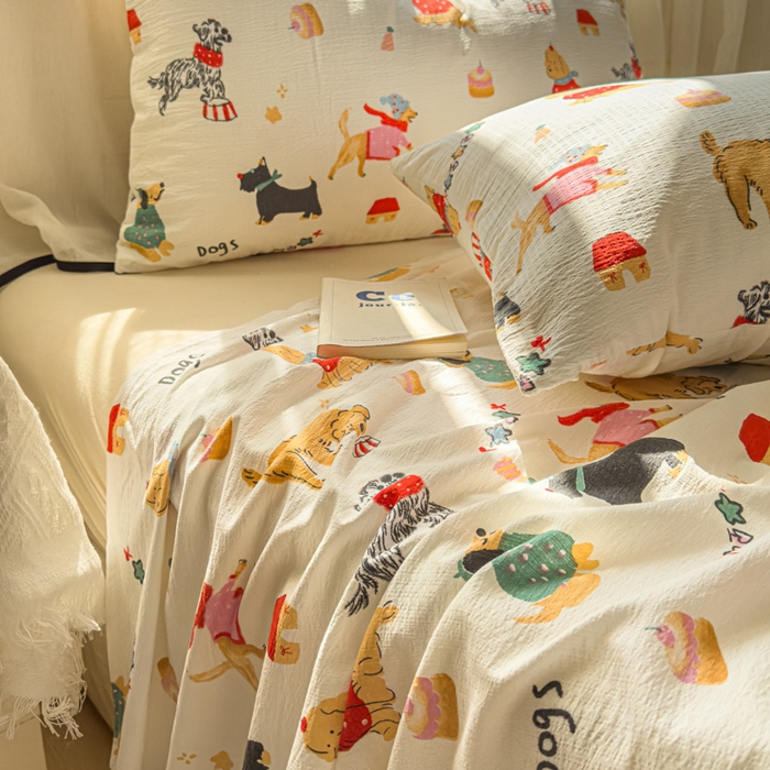 91家纺网 家纺一手货源 找家纺 花伞家居 2025新款印花双层纱单床单床笠（提供买家秀） 狗狗的家