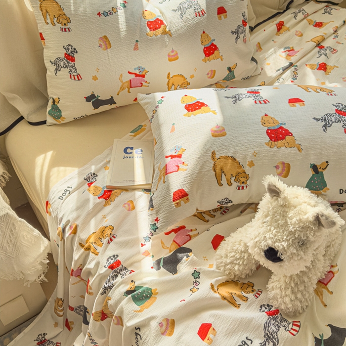 91家纺网 家纺一手货源 找家纺 花伞家居 2025新款印花双层纱单床单床笠（提供买家秀） 狗狗的家