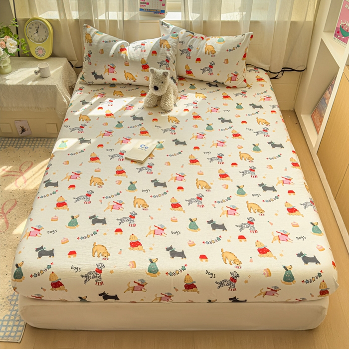 91家纺网 家纺一手货源 找家纺 花伞家居 2025新款印花双层纱单床单床笠（提供买家秀） 狗狗的家