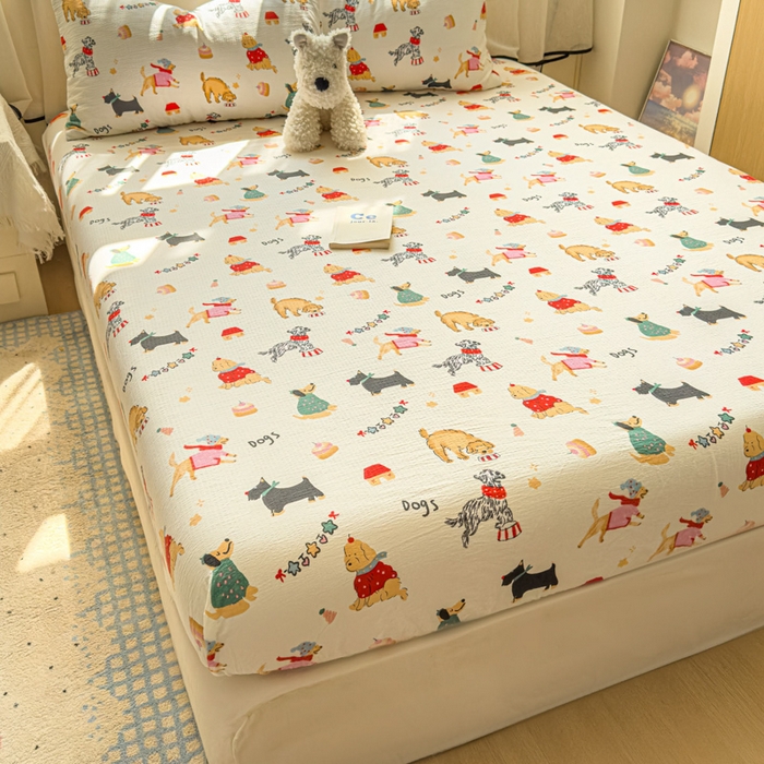 91家纺网 家纺一手货源 找家纺 花伞家居 2025新款印花双层纱单床单床笠（提供买家秀） 狗狗的家