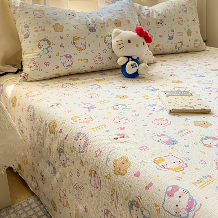91家纺网 家纺一手货源 找家纺 花伞家居 2025新款印花双层纱单床单床笠（提供买家秀） 快乐小猫