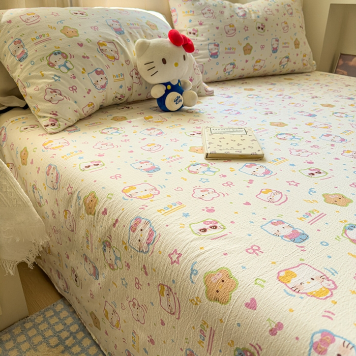91家纺网 家纺一手货源 找家纺 花伞家居 2025新款印花双层纱单床单床笠（提供买家秀） 快乐小猫