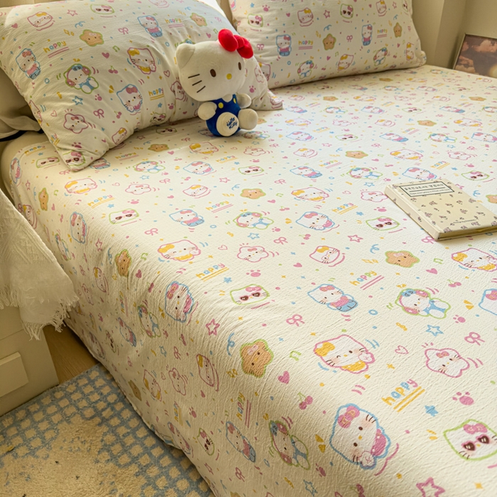 91家纺网 家纺一手货源 找家纺 花伞家居 2025新款印花双层纱单床单床笠（提供买家秀） 快乐小猫