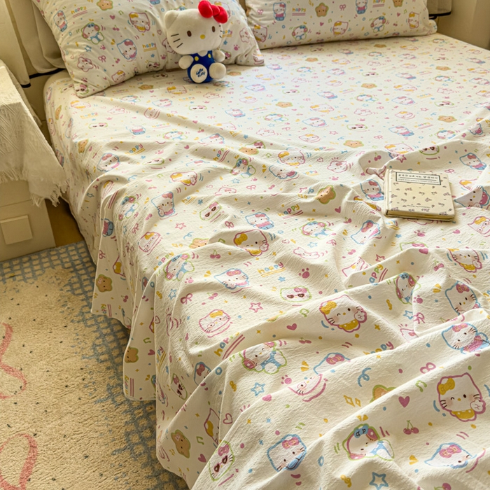 91家纺网 家纺一手货源 找家纺 花伞家居 2025新款印花双层纱单床单床笠（提供买家秀） 快乐小猫