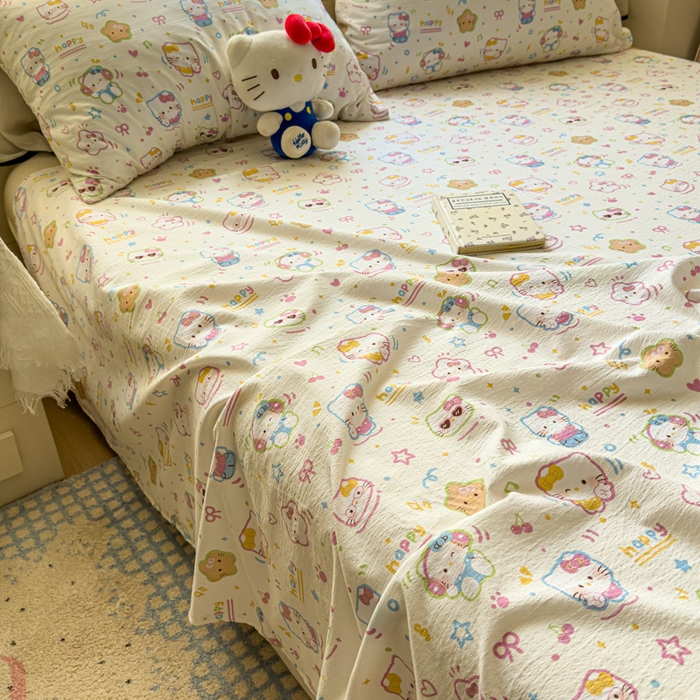 91家纺网 家纺一手货源 找家纺 花伞家居 2025新款印花双层纱单床单床笠（提供买家秀） 快乐小猫