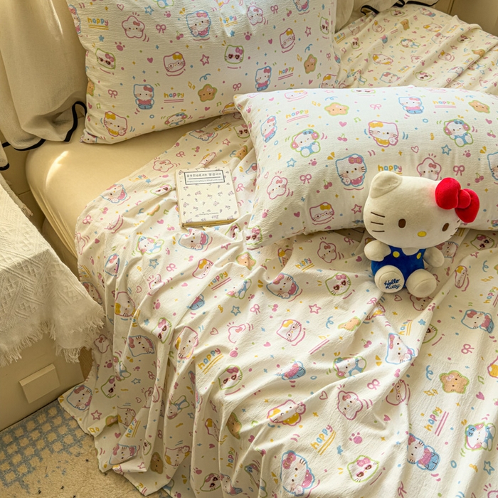 91家纺网 家纺一手货源 找家纺 花伞家居 2025新款印花双层纱单床单床笠（提供买家秀） 快乐小猫