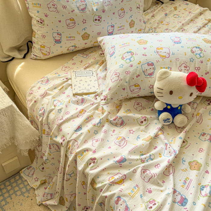 91家纺网 家纺一手货源 找家纺 花伞家居 2025新款印花双层纱单床单床笠（提供买家秀） 快乐小猫