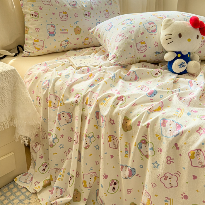 91家纺网 家纺一手货源 找家纺 花伞家居 2025新款印花双层纱单床单床笠（提供买家秀） 快乐小猫