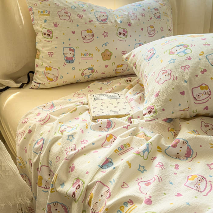 91家纺网 家纺一手货源 找家纺 花伞家居 2025新款印花双层纱单床单床笠（提供买家秀） 快乐小猫