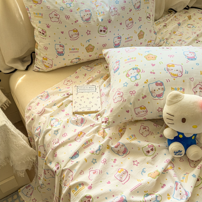 91家纺网 家纺一手货源 找家纺 花伞家居 2025新款印花双层纱单床单床笠（提供买家秀） 快乐小猫