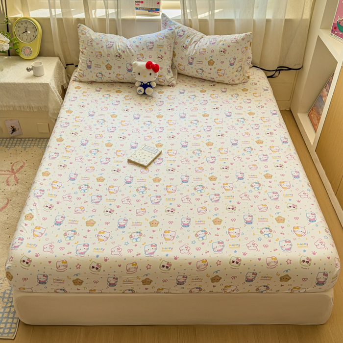 91家纺网 家纺一手货源 找家纺 花伞家居 2025新款印花双层纱单床单床笠（提供买家秀） 快乐小猫