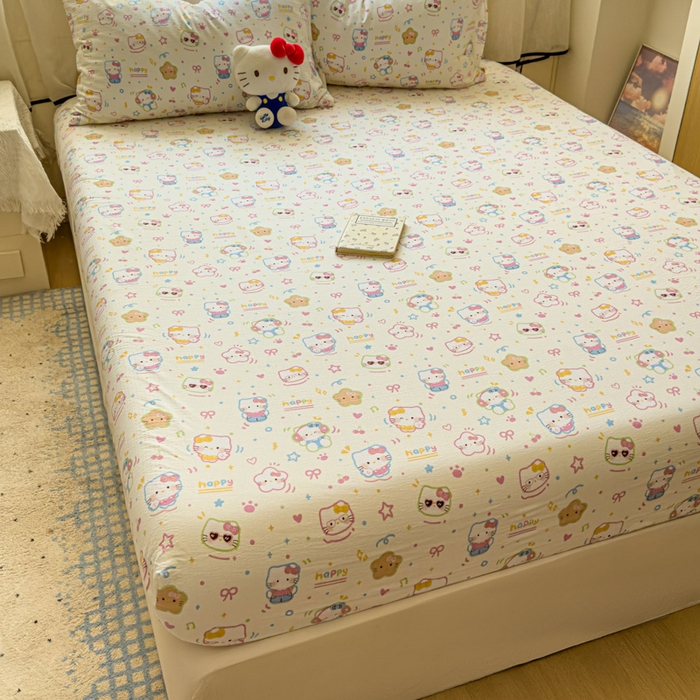 91家纺网 家纺一手货源 找家纺 花伞家居 2025新款印花双层纱单床单床笠（提供买家秀） 快乐小猫
