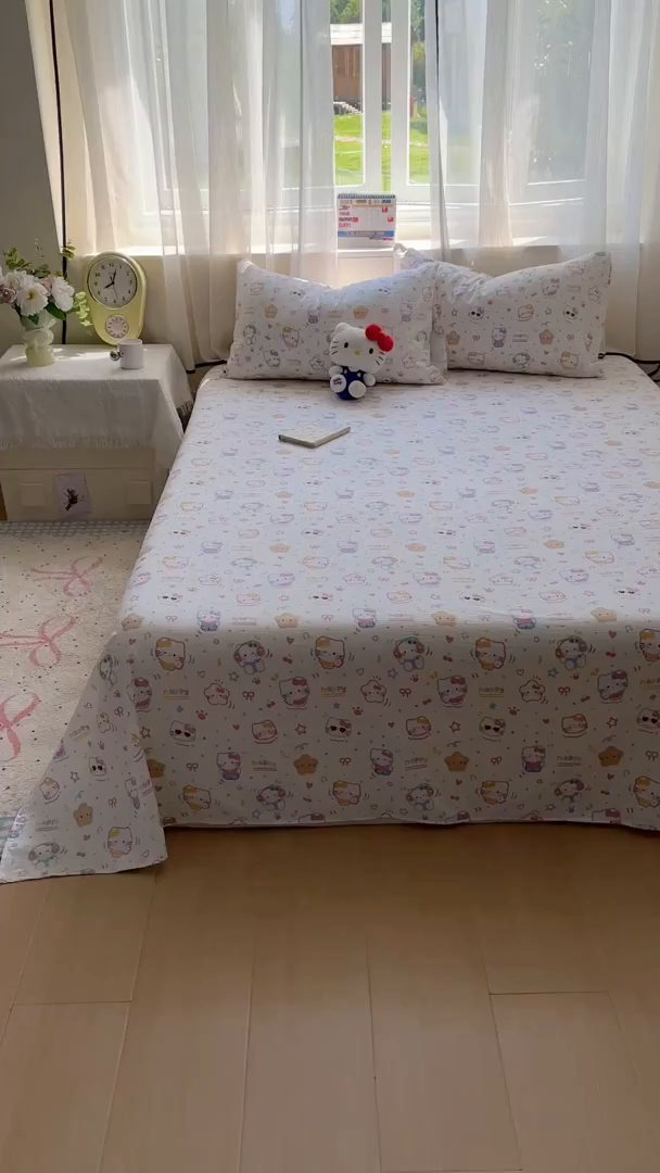 91家纺网 家纺一手货源 找家纺 花伞家居 2025新款印花双层纱单床单床笠（提供买家秀） 快乐小猫