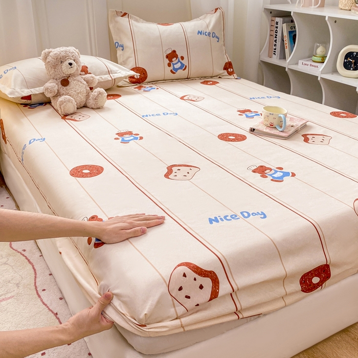 红日子 2025新款生态斜纹植物羊绒单床笠磨毛床笠三件套 饼干小熊