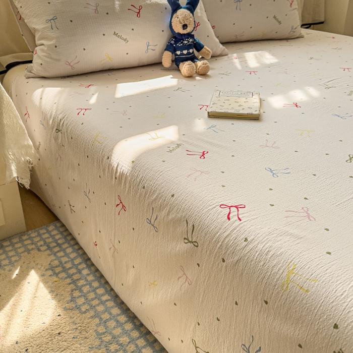 91家纺网 家纺一手货源 找家纺 花伞家居 2025新款印花双层纱单床单床笠（提供买家秀） 七彩蝴蝶结