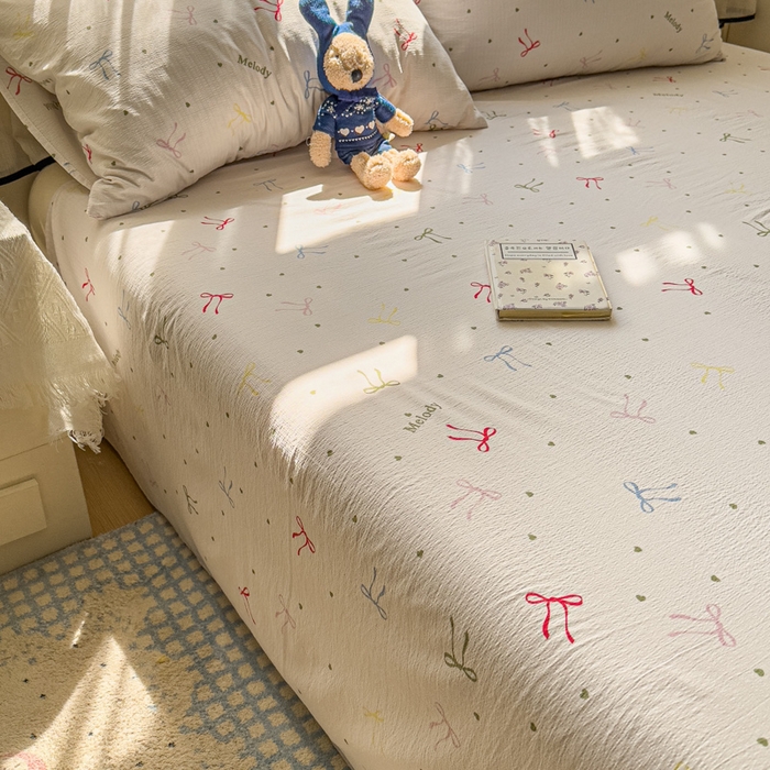 91家纺网 家纺一手货源 找家纺 花伞家居 2025新款印花双层纱单床单床笠（提供买家秀） 七彩蝴蝶结