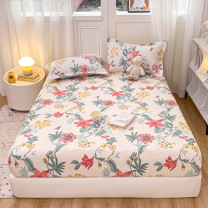 91家纺网 家纺一手货源 找家纺 红日子 2025新款生态斜纹植物羊绒单床笠磨毛床笠三件套 蝶羽纷飞