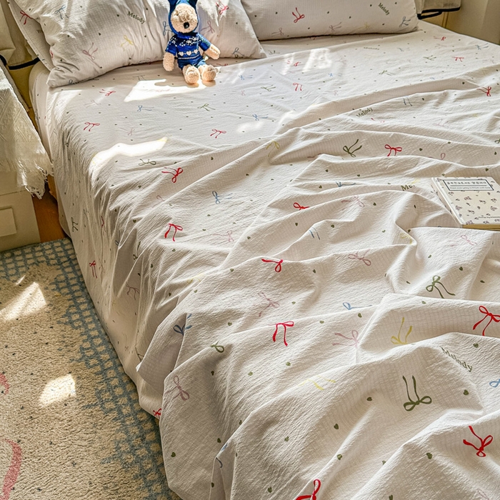 91家纺网 家纺一手货源 找家纺 花伞家居 2025新款印花双层纱单床单床笠（提供买家秀） 七彩蝴蝶结