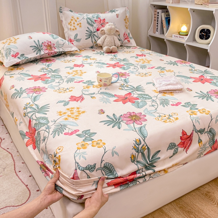 91家纺网 家纺一手货源 找家纺 红日子 2025新款生态斜纹植物羊绒单床笠磨毛床笠三件套 蝶羽纷飞