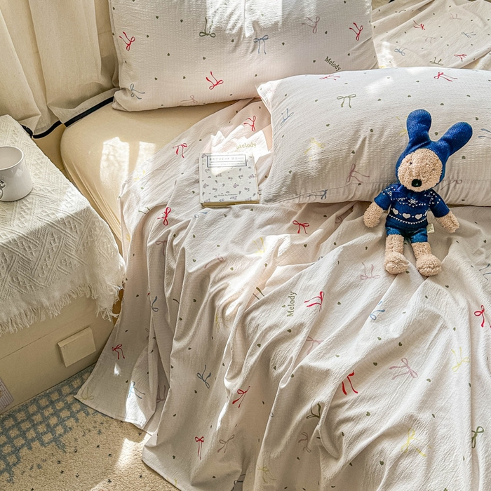 91家纺网 家纺一手货源 找家纺 花伞家居 2025新款印花双层纱单床单床笠（提供买家秀） 七彩蝴蝶结