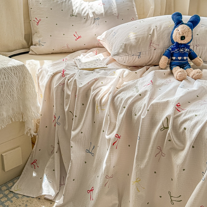 91家纺网 家纺一手货源 找家纺 花伞家居 2025新款印花双层纱单床单床笠（提供买家秀） 七彩蝴蝶结