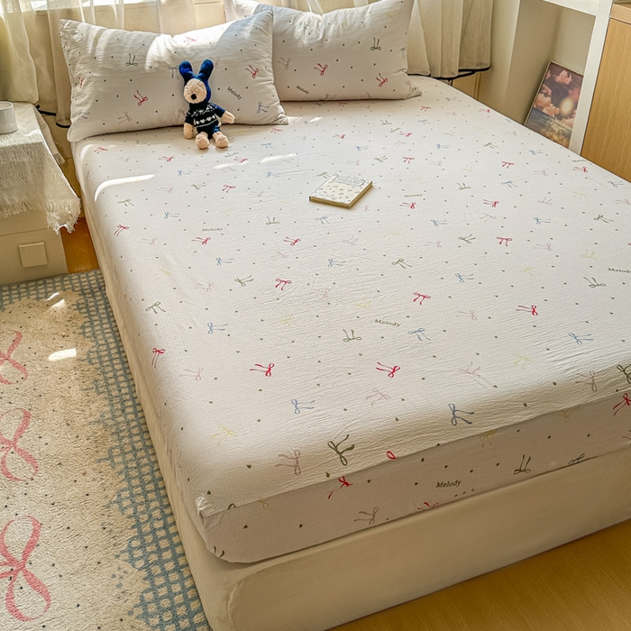 91家纺网 家纺一手货源 找家纺 花伞家居 2025新款印花双层纱单床单床笠（提供买家秀） 七彩蝴蝶结