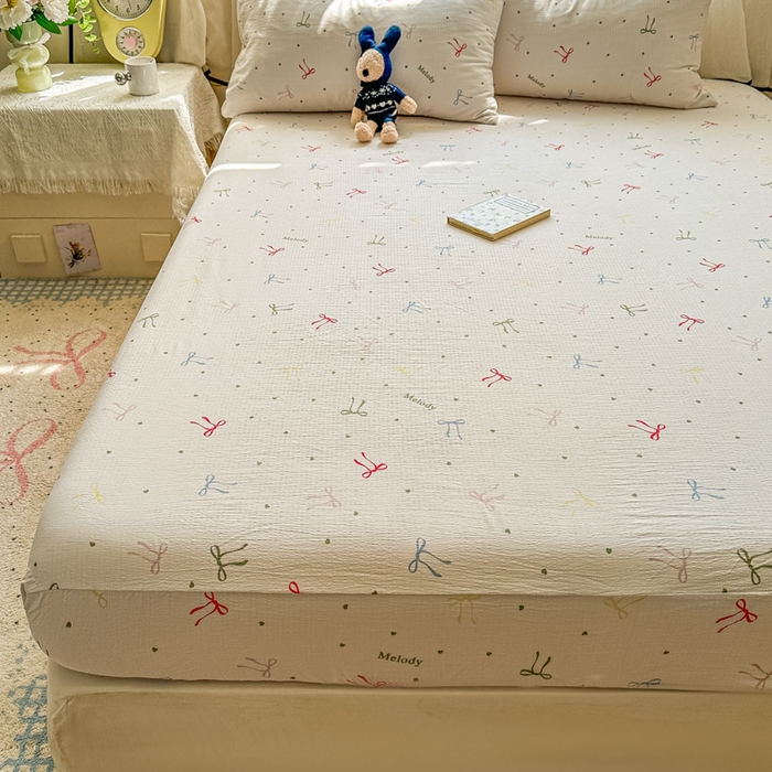 91家纺网 家纺一手货源 找家纺 花伞家居 2025新款印花双层纱单床单床笠（提供买家秀） 七彩蝴蝶结