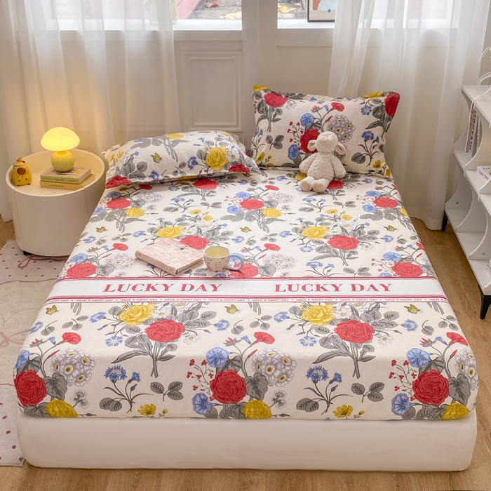 91家纺网 家纺一手货源 找家纺 红日子 2025新款生态斜纹植物羊绒单床笠磨毛床笠三件套 花意满园