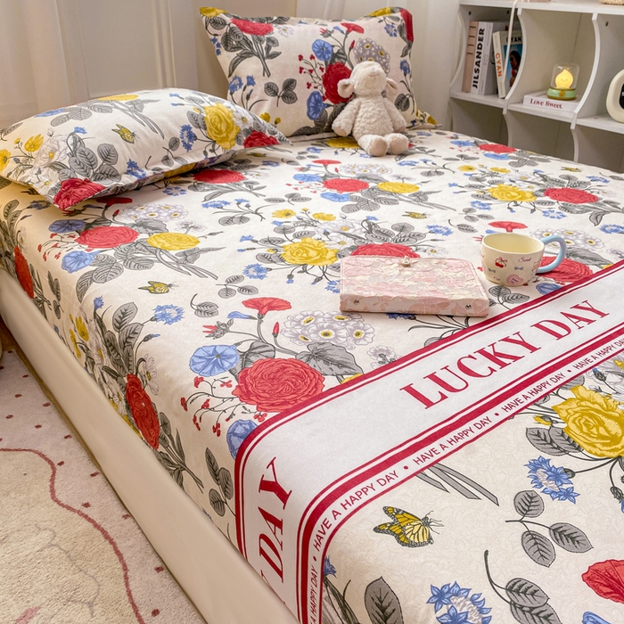 91家纺网 家纺一手货源 找家纺 红日子 2025新款生态斜纹植物羊绒单床笠磨毛床笠三件套 花意满园