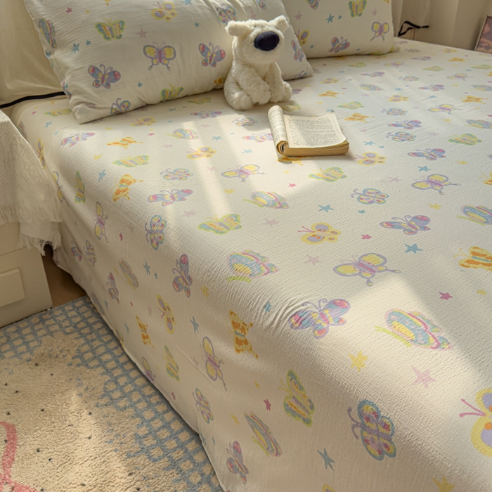 91家纺网 家纺一手货源 找家纺 花伞家居 2025新款印花双层纱单床单床笠（提供买家秀） 童年蝴蝶