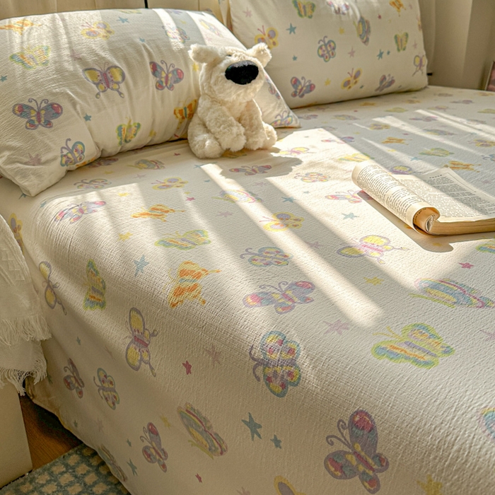 91家纺网 家纺一手货源 找家纺 花伞家居 2025新款印花双层纱单床单床笠（提供买家秀） 童年蝴蝶