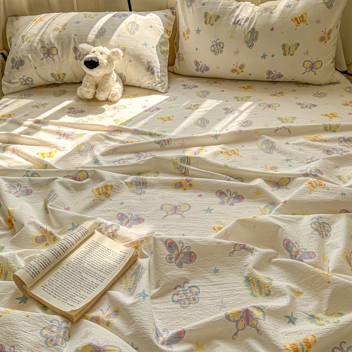 91家纺网 家纺一手货源 找家纺 花伞家居 2025新款印花双层纱单床单床笠（提供买家秀） 童年蝴蝶